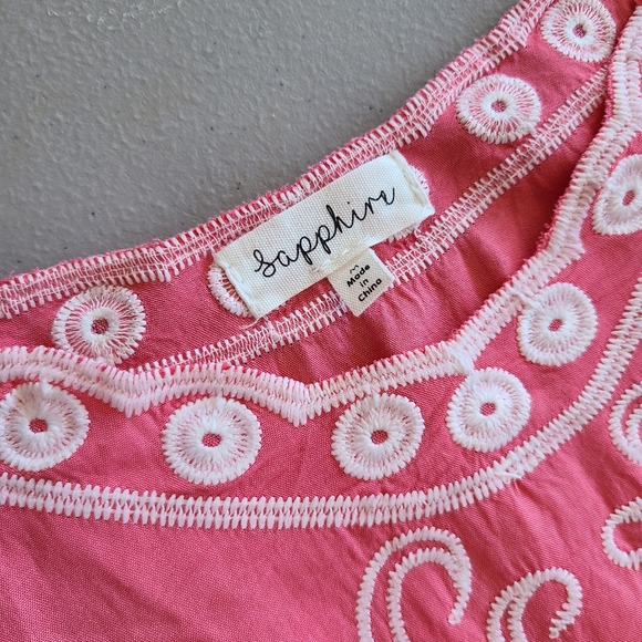 Sapphire Salmon Colored Embroidered  3/4 Sleeve Peasant Style Top - Picture 3 of 6